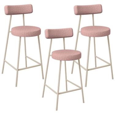Imagem de Kit 03 Banquetas Baixa Bar Cozinha Sala De Jantar Aço Milão Arena L02 Linho Rosa - Lyam Decor