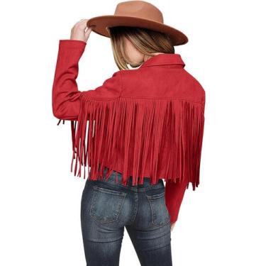 Imagem de Casaco PRETTYGARDEN Feminino em Camurça Sintética com Franjas Vermelho