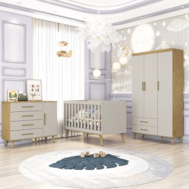 Imagem de Quarto de Bebê Completo Berço Mini Cama com Guarda Roupa e Cômoda Ludmila Off White/Bétula