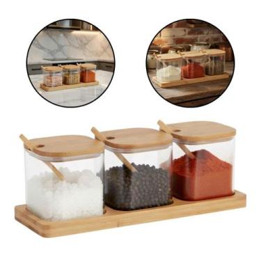 Imagem de Kit 3 Potes 500ml Suporte Temperos Condimentos Vidro Bambu Bege - Kadê