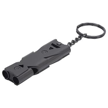 Imagem de Apito de sobrevivência, apito de tubos duplos de aço inoxidável para uso externo com anel de chaveiro (preto) Proteção de emergência