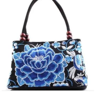 Imagem de Bolsa Oriental Bordada Japonesa Flores Azul