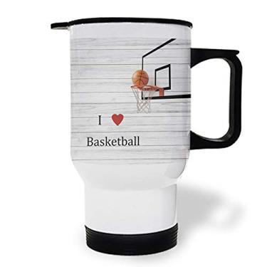 Imagem de Copo de aço inoxidável com alça, I Love Basketball Sport Caneca de café isolada de grão de madeira à prova de vazamento caneca de viagem para casa, escritório, carro, 8,3 x 15 x 15 cm
