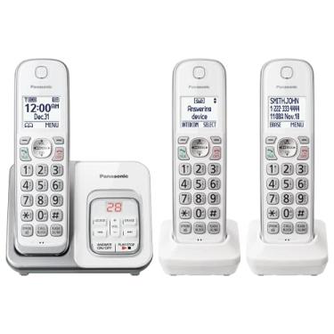 Imagem de Panasonic Sistema de telefone sem fio expansível com secretária eletrônica e bloco de chamadas – 3 aparelhos sem fio – KX-TGD633W (branco/prata)