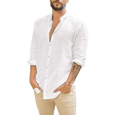 Imagem de Camiseta masculina botão baixo algodão linho férias tropical camisas praia Havaí camisas masculinas camisas masculinas camisa solta, Branco, G