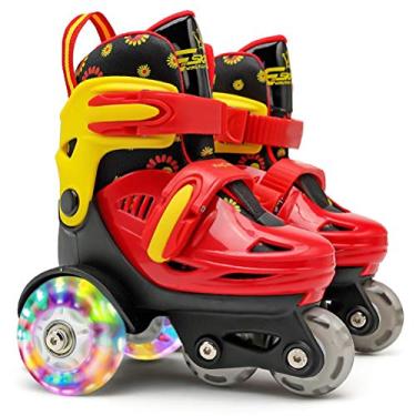 Imagem de Patins Infantis Quádruplos, Patins Com Freios Duplos de Tamanho Ajustável, Rodas Luminosas para Meninos e Meninas (Preto vermelho M)