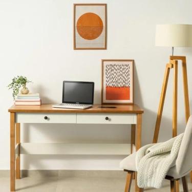 Imagem de Escrivaninha 120cm 2 Gavetas Tampo Pés em Madeira Maciça Ananda Off-white/Mel