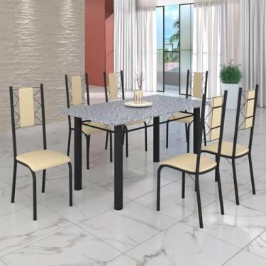 Imagem de Conjunto Sala de Jantar Bahia Mesa Tubo 140x75cm Tampo Pedra Granito com 6 Cadeiras Creme/preto Fosco