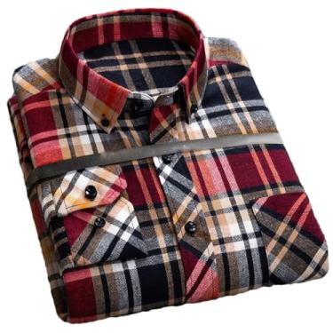 Imagem de Camisa social masculina plus size para lazer masculina algodão lixado flanela quente casual manga longa gola xadrez, Algodão 150, 3G