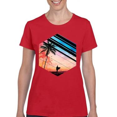 Imagem de Camiseta feminina Surfer Paradise Vintage Ocean Summer Surfing Wave Vacation Sea Beach Surfboard Peddle Boarding, Vermelho, XXG