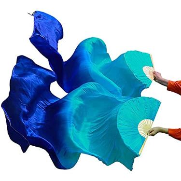Imagem de Nimiman 1 par feminino (esquerda + direita) de seda para fãs de dança do ventre véu de dança do ventre leques dobráveis longos comprimento 180 cm largura 90 cm (azul turquesa)