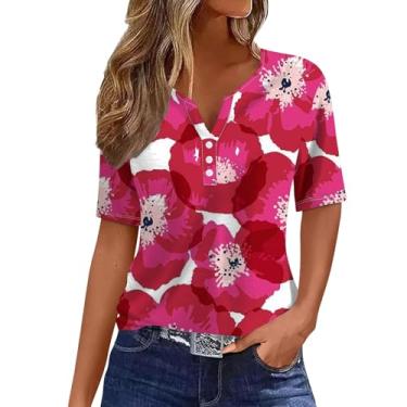 Imagem de Blusa feminina com estampa floral de verão 2024 Henley gola V manga curta casual blusas soltas da moda roupas, vermelho, E