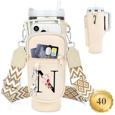 Imagem de LOKASS Suporte de garrafa de água personalizado com alça para acessórios Stanley Cup Tumbler de 1,134 g, bolsa de transporte inicial para garrafa de água com bolso para telefone, para mulheres, ideal