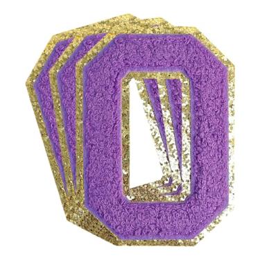 Imagem de 3 peças de patch de número de chenille roxo glitter ferro em remendos de letras Varsity Remendos bordados de chenille costurar em remendos para roupas chapéu bolsas jaquetas camisa (roxo, 0)