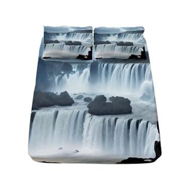 Imagem de Jogo de lençol completo macio, com paisagem natural, cachoeira, bolso elástico (40,6 cm), 4 peças, lençol de cima, azul para meninos e meninas, resistente a rugas