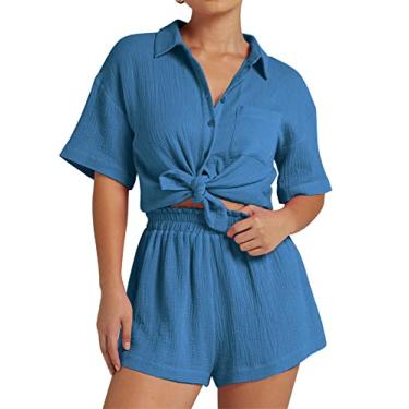 Imagem de COZYPOIN Conjunto feminino casual de 2 peças de algodão e linho, camisa com botões, shorts de cintura alta, Aço azul, G
