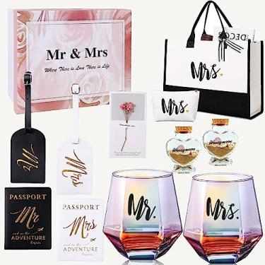 Imagem de Copos de vinho presentes para o Sr. e Sra. Presentes de casamento, presentes de chá de panela, presentes de noivado para casais lua de mel, presentes essenciais de viagem para marido, esposa, casamento recém-casado