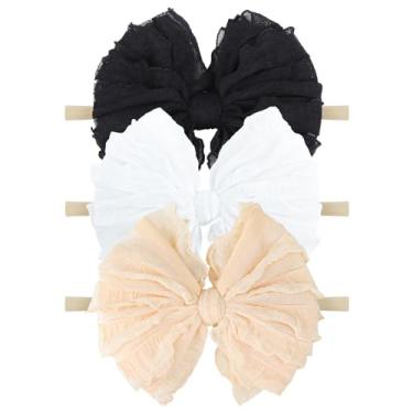 Imagem de Lanmerry Faixa de cabeça para bebês meninas com laços, 3 peças de acessórios de cabelo de nylon para bebês, meninas, preto, branco, bege - faixa de cabelo