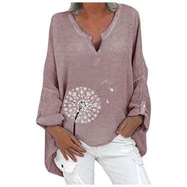 Imagem de 2024 Camisetas de linho grandes femininas com gola V casual estampadas confortáveis camisas soltas de manga comprida, rosa, 3G