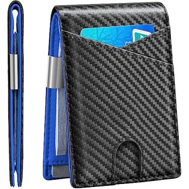 Imagem de Carteira masculina fina com clipe de dinheiro dobrável com bloqueio de RFID, bolso frontal, porta-cartão de crédito, Azul, Bloqueio RFID
