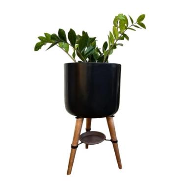 Imagem de Vaso Cilindro para Plantas 33cm com Tripé de Madeira e Prato (Preto)