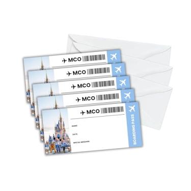 Imagem de Cartão de embarque Magic Blue Surprise Vacation Airport Kingdom | Pacote com 5 passes de 9,5 x 21 cm e 5 envelopes MCO Heart Kids Ticket Cartão de Aniversário Modelo de Papel Adesivos de Mouse