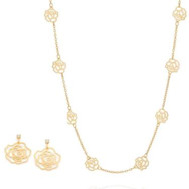 Imagem de Gargantillha Rosas Vazadas + Brincos Banhados A Ouro 18k Rommanel Pres