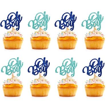 Imagem de Oh Boy Toppers de cupcake, palitos de cupcake de chá de bebê com glitter azul marinho e azul celeste, decorações de bolo para primeiro aniversário/festa de revelação de gênero - 24 peças