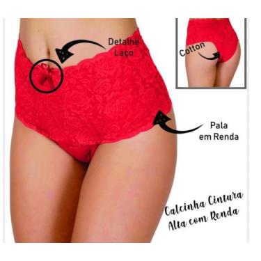 Imagem de Calcinha feminina Pala Alta,algodao e renda,cintura alta,compressão - 