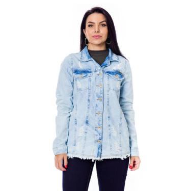Imagem de Jaqueta Jeans Feminina Longa Super Destroyed  - Restrito Jeans, P, Azu