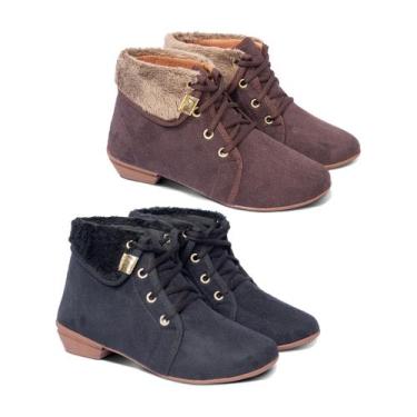 Imagem de Kit 2 Pares Bota Coturno Feminino Pele Leve Cano Curto Salto Baixo - L