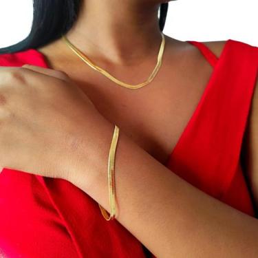 Imagem de Kit Colar Choker Feminino E Pulseira Laminada Folheado Ouro  - Morgani