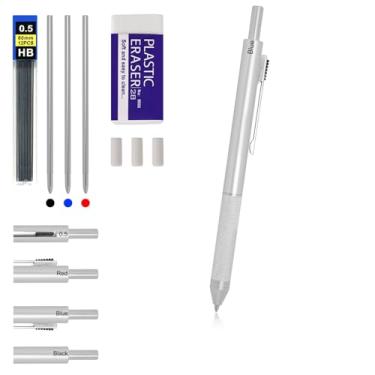 Imagem de RANBOS Caneta multifuncional 4 em 1 de quatro cores, caneta esferográfica preta/vermelha/azul e lapiseira de 0,5 mm, caneta de metal, ótimo presente para amigos, entes queridos (prata)