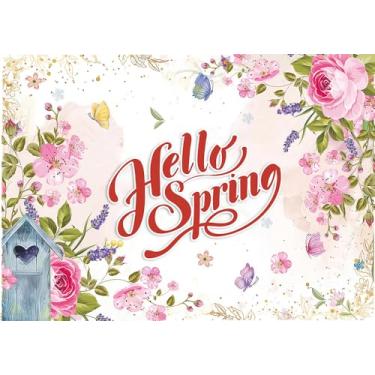 Imagem de CYLYH Pano de fundo de primavera de 2,8 x 1,8 m Olá primavera pano de fundo de flores de borboleta pano de fundo primavera Páscoa foto pano de fundo chá de bebê crianças sessão de fotos adereços