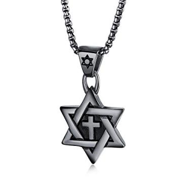 Imagem de Rockyu Colar masculino com cruz de estrela de Davi, corrente de aço inoxidável, pingente de estrela com cruz estilo vintage, joia judaica religiosa de 61 cm, Aço inoxidável