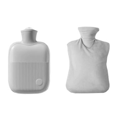 Imagem de Garrafa de água quente com tampa, bolsa de água quente de 1L para compressa quente e fria, aquecedor de pés de mão para cobertura de tecido de inverno - cinza