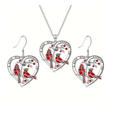 Imagem de Conjunto de brincos de colar cardeal vermelho pássaro cardeal coração pingente memorial joias presentes para mulheres, Zinco, Sem Pedra Preciosa
