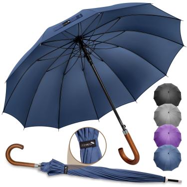 Imagem de ZOMAKE Guarda-chuva com alça de madeira, guarda-chuva clássico para caminhada de bengala para homens e mulheres, 12 costelas de pau, 139 cm (azul marinho)