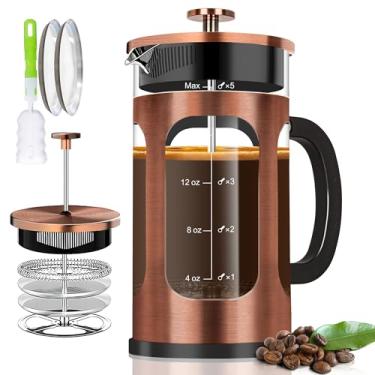 Imagem de YMMIND Cafeteira French Press (600 ml, 3-4 xícaras), com sistema de 4 filtros, vidro borossilicato de espessura resistente ao calor, presente de bule de café frio (cobre)