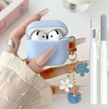 Imagem de Linda capa azul celeste para Airpods 4 para meninas e mulheres com berloques de flores pompom, chaveiro e kit de limpeza, silicone macio Airpods iPod 4ª geração capa protetora para Airpod 4 2024