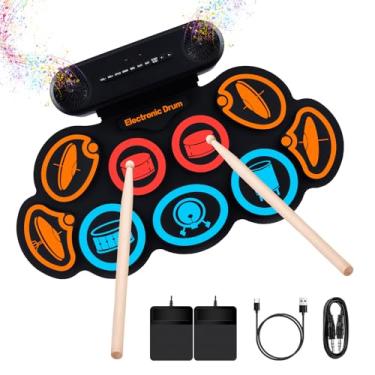 Imagem de INGPARTNER Conjunto de bateria eletrônica, kit de bateria elétrica dobrável com 9 pads com conector de fone de ouvido, alto-falante embutido com pedais de baquetas, presente de aniversário de Natal