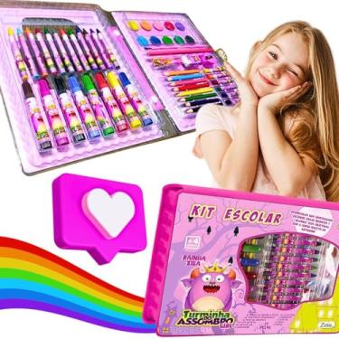 Imagem de Kit material escolar presente menina infantil menino papelaria feminino e masculino maleta fofa peças estojo lapis canetinha borracha apontador pincel tinta presente criança 5 anos (Rosa)