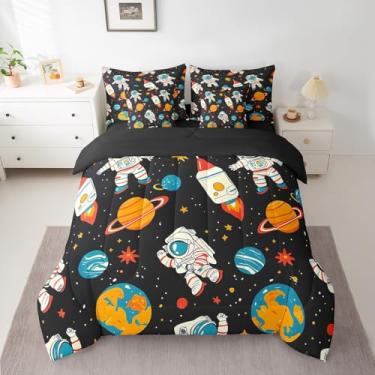 Imagem de Feelyou Conjunto de edredom de astronauta, 7 peças, cama king size, espaço sideral em uma bolsa, sistema solar, galáxia, foguete, espaço impresso em 3D, conjunto de cama laranja com edredom, conjunto