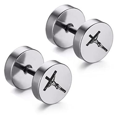 Imagem de Brincos de cruz de Jesus para homens, brincos pretos masculinos de aço inoxidável, 2 lados, crucifixo de Jesus cristão, joia inspiradora, parafuso e costas planas, plugue de orelha falso, Metal, Ágata