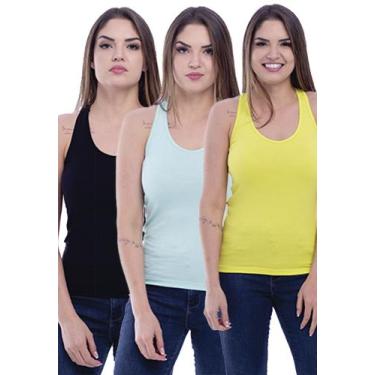 Imagem de Kit 3 Camiseta Regata feminina TechMalhas tecido, Preto azul amarelo, 