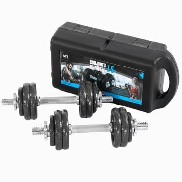 Imagem de Kit Maleta Halteres Completa 15Kg Barra Anilha Dumbbell WCT