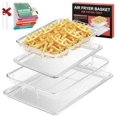 Imagem de QPMR Cesta de fritadeira a ar para forno, cesta de aço inoxidável para fritadeira a ar de 32,5 cm, 15,4 polegadas com 100 peças de papel manteiga, cesta e bandeja de fritadeira a ar de forno, bandeja