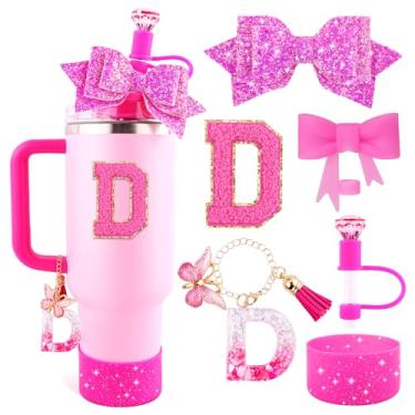 Imagem de Lingdeer Conjunto de acessórios de copo rosa para copo Stanley de 850 g e 1,134 g com alça, pingentes de letras, capas de canudo de arco e diamante, bota de silicone com glitter, adesivo personalizado