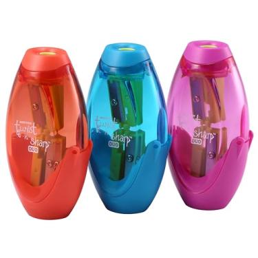 Imagem de Bostitch Apontador manual Office Twist-N-Sharp, orifício duplo, pacote com 3, azul, laranja, rosa, (PS2-ASST-3PK)