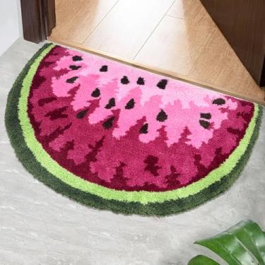 Imagem de Lacomfy Tapetes fofos de frutas rosa em forma de melancia tapete de banheiro absorvente felpudo tapete de área de frutas antiderrapante tapete tecido à mão tapete de frutas para banheiro capacho